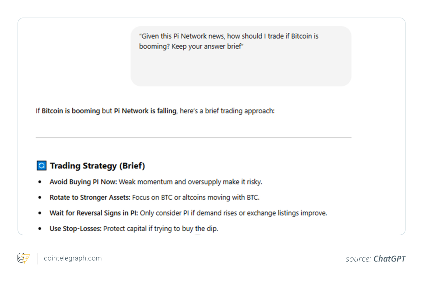 BTC yükselişteyken ve Pi başarısız olduğunda ChatGPT tarafından önerilen ticaret stratejisi BTC yükselişteyken ve Pi başarısız olduğunda ChatGPT tarafından önerilen ticaret stratejisi
